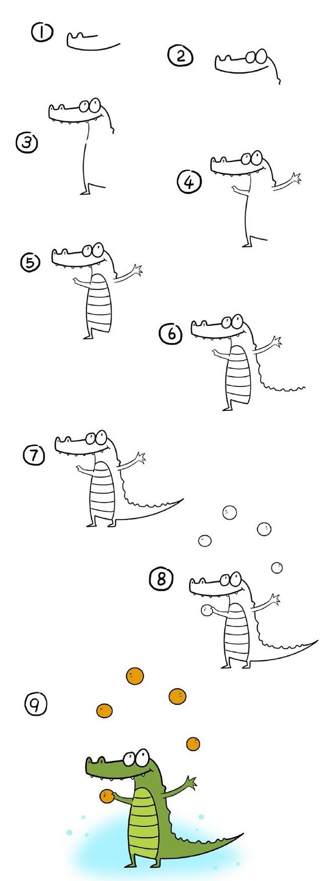 玩杂技的卡通鳄鱼简笔画