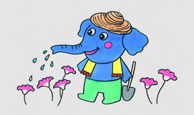 种花浇水的卡通大象简笔画