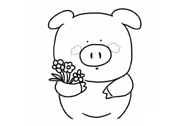 拿着花的可爱小猪简笔画