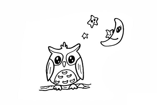 月光下的猫头鹰简笔画步骤