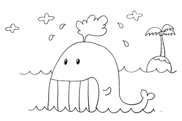 大海边的卡通鲸鱼简笔画