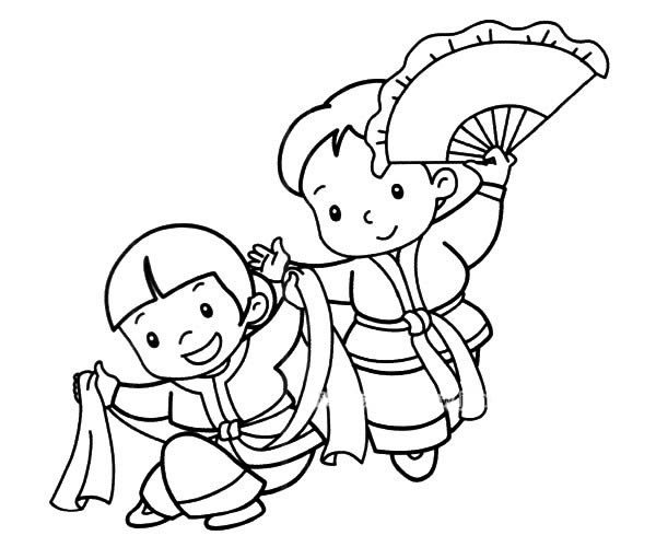 两个跳民族舞的小朋友简笔画